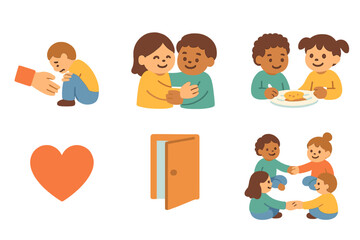 Children's Support Icons. Flat vector mini-illustrations failure and support in colors children's illustrations: helping hand,
