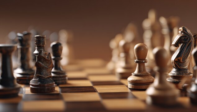 Close-up chess pieces on a board, strategic positioning
