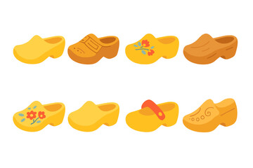 Colorful Wooden Clogs. Flat vector mini-illustrations wooden shoe in colors children's illustrations: traditional Dutch clogs,