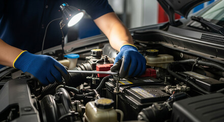 Mechanic meticulously repairing a car engine, using tools and a work light.