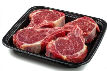 Fototapeta premium Four Raw Lamb Chops in Black Tray on White Background