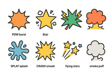Obraz premium Comic Effect Icons. Flat vector mini-illustrations comic conflict effects in colors children's illustrations: POW burst, BAM star,