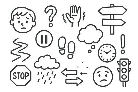 Confused Decisions Doodle. Hand-drawn doodle illustration unsure moments hesitant face, question mark, pause button, shaky hand,