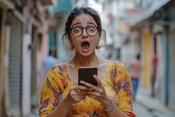 Excited Indian woman tourist uses a smartphone on a city street with a surprised expression, reflecting the thrill of discovering new places, Generative AI