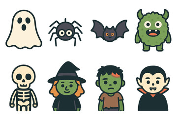Cute Spooky Icons. Flat vector mini-illustrations scary creatures in colors children's illustrations: ghost, spider, bat, monster,