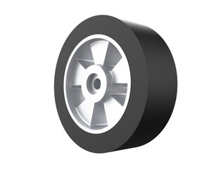 Fototapeta premium Isolated Heavy Duty Rubber Wheel and Silver Hub for Hand Pallet Jack, Jack Pump, Jigger, Forklift. High-Res 3D Render Spare Part. Essential Industrial Equipment Component on Transparent PNG Background