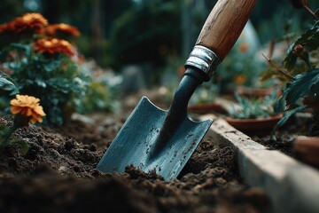 Garden trowel in dark soil, flowers blurred