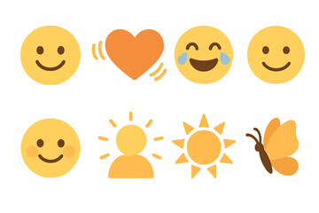 Colorful Emotion Icons. Flat vector mini-illustrations ripple in emotions in colors children's illustrations: smiling face, heart