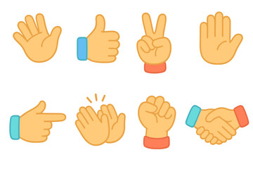 Colorful Gesture Icons. Flat vector mini-illustrations signal gestures in colors children's illustrations: waving hand, thumbs up,
