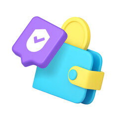 Wallet with coin and security verification shield for finance protection payment app web design and banking 3d icon realistic vector illustration