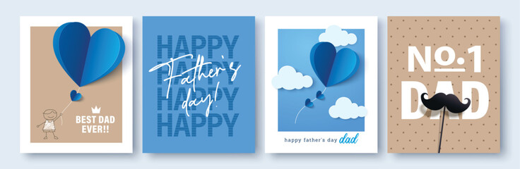Set of 4 Father's Day greeting cards in modern paper cut style. Vector illustration for cover, poster, banner, flyer and social media.

