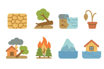 Environmental Challenges Icons. Flat vector mini-illustrations natural suffering in colors children's illustrations: drought