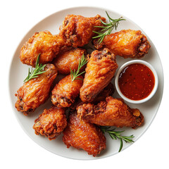 Delicious crispy fried chicken wings served on a white plate with a spicy dipping sauce and fresh rosemary sprigs ready to be enjoyed on transparent background