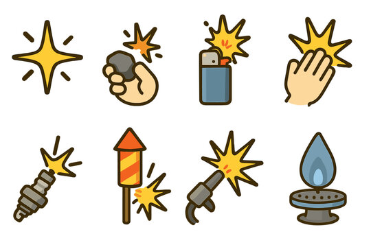 Colorful Sparks Grid. Flat vector mini-illustrations ignition sparks in colors children's illustrations: electric spark, flint