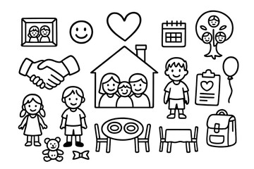 Foster Family Doodles. Hand-drawn doodle illustration foster family home, heart, children, handshake, house, family tree, calendar