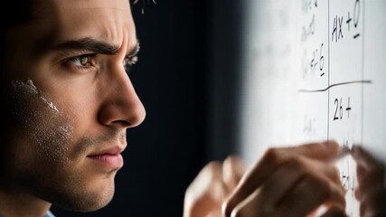 Focused Young Man Writing Complex Equations on a Transparent Whiteboard - Powered by Adobe