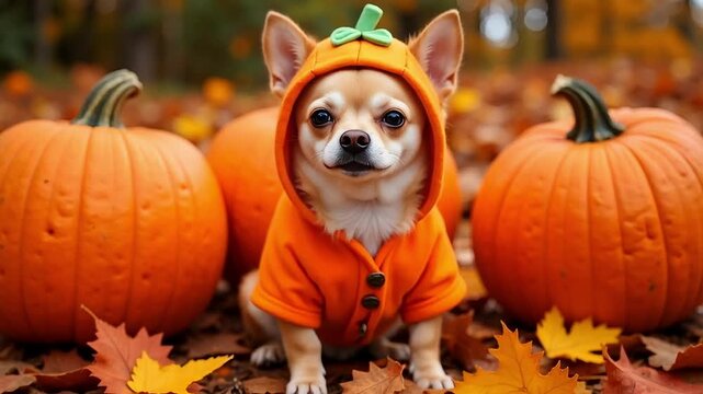 Adorable chihuahua dog dressed as a pumpkin sits among pumpkins and autumn leaves