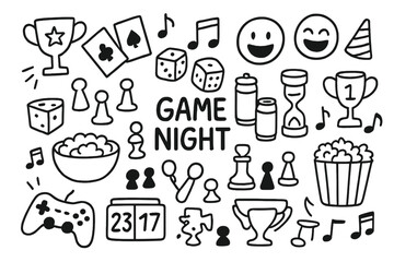 Game Night Fun. Hand-drawn doodle illustration game night fun playing cards, dice, board game, game tokens, snacks bowl, soda cans