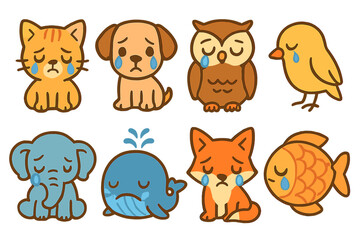 Fototapeta premium Crying Animal Icons. Flat vector mini-illustrations tears in animals in colors children's illustrations: crying kitten, teary-eyed