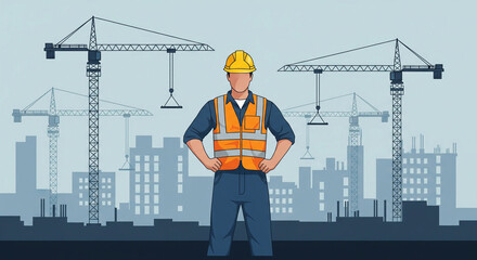 Confident construction worker in a hard hat and safety vest standing before a city skyline with cranes, symbolizing urban development and industry