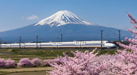 Majestic Mount Fuji stands tall as a high-speed train glides past a vibrant foreground of delicate cherry blossoms, capturing the essence of spring in Japan