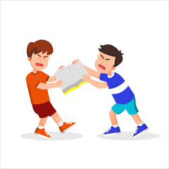 Two boys tug at the same book, pulling it from opposite sides in a playful struggle 