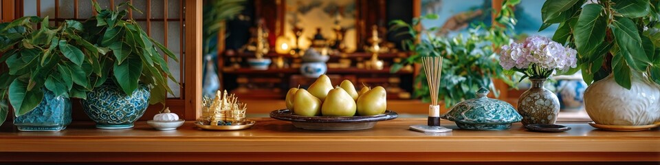Butsudan altar celebrating obon festival with traditional offerings in japan