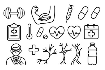 Health and Fitness Icons. Hand-drawn doodle illustration elbow muscle health dumbbell, muscle, elbow joint, syringe, pill,