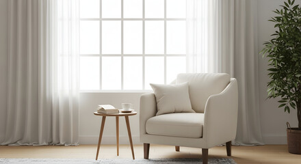 A comfortable armchair next to a small table with a book and a cup, near a large window.