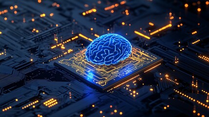 Glowing Blue Brain Model in Central Microchip, Orange Light Circuits on Circuit Board, Futuristic AI