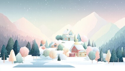 Pastel winter village nestled in snowy mountains, soft light, gentle snowfall