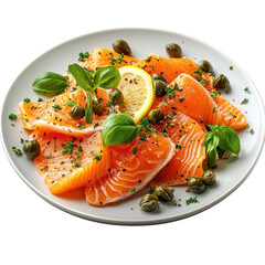 Fresh salmon slices garnished with capers basil and lemon on a white plate showcasing a healthy and delicious seafood appetizer or meal preparation on transparent background