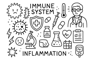 Obraz premium Immune and Pancreas Doodles. Hand-drawn doodle illustration immune system inflammation white blood cell, virus, bacteria,