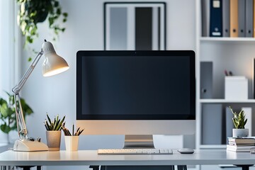 elegant workspace with ergonomic chair, desk lamp, and large monitor, no clutter 

