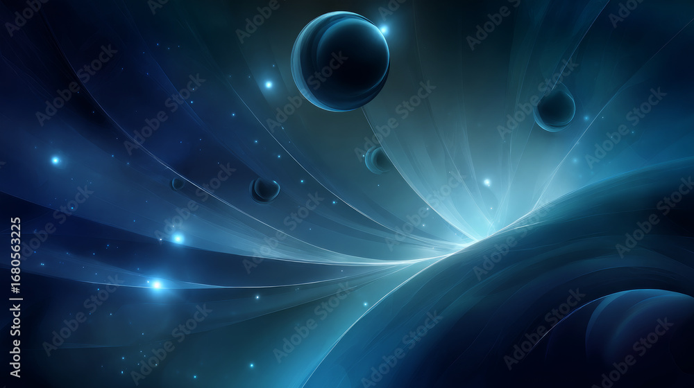 Poster dark, empty world minimalistic virtual futuristic reality with geometric shapes and floating structu
