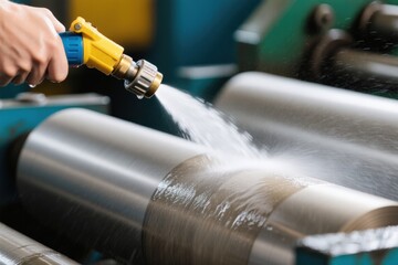 Water spray on metal machinery, showcasing industrial maintenance and cleaning process.