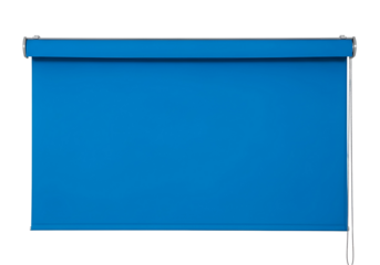 A vibrant, solid cobalt blue roller blind is displayed against a black background.