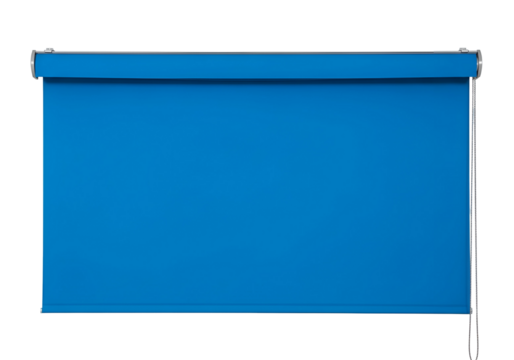 A vibrant, solid cobalt blue roller blind is displayed against a black background.