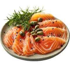 Fresh salmon slices garnished with capers and herbs on a plate perfect for healthy eating and gourmet food presentations and culinary creations on transparent background