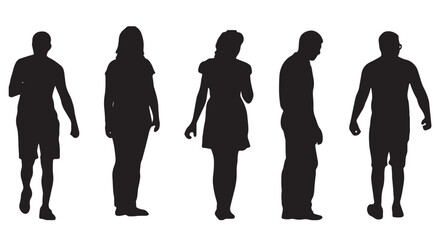 Vector Silhouettes of People, Standing and Walking Figures, Isolated on White Background