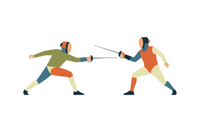 Obraz premium Two Fencers in Action - Duel with Swords, Protective Gear, and Dynamic Poses.