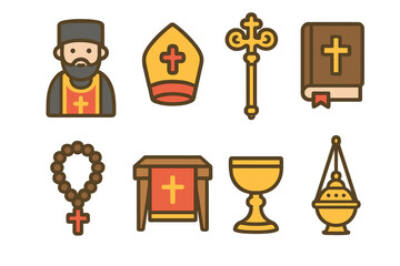 Orthodox Clergy Icons. Flat vector mini-illustrations Orthodox clergy in colors children's illustrations: priest robe, mitre,
