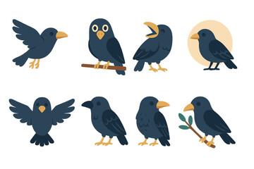 Fototapeta premium Raven Mini-Illustrations Grid. Flat vector mini-illustrations raven in colors children's illustrations: raven flying, raven