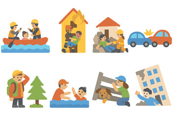 Rescue Scenarios Icons. Flat vector mini-illustrations rescue scenarios in colors children's illustrations: flood rescue, fire