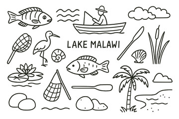 Lake Malawi Icons. Hand-drawn doodle illustration Lake Malawi fish, canoe, water waves, fisherman, lake bird, reeds, boat paddle,