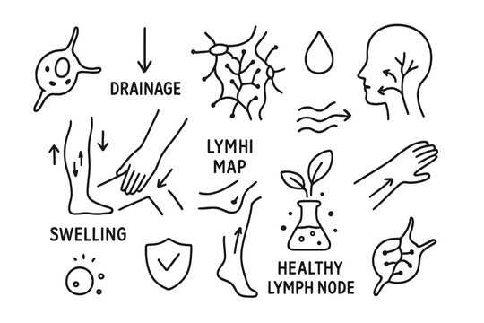 Lymphatic Flow Diagram. Hand-drawn doodle illustration lymphatic drainage lymph node, drainage arrow, lymphatic map, fluid icon,