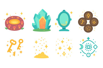 Magical Portal Icons. Flat vector mini-illustrations magical portals in colors children's illustrations: fairy ring, crystal