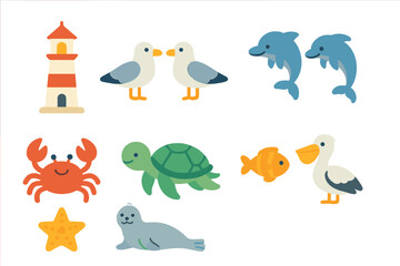 Marine Wildlife Icons. Flat vector mini-illustrations lighthouse wildlife in colors children's illustrations: seagulls, crabs,