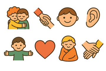 Supportive Icons Grid. Flat vector mini-illustrations bad news support in colors children's illustrations: comforting hug, helping