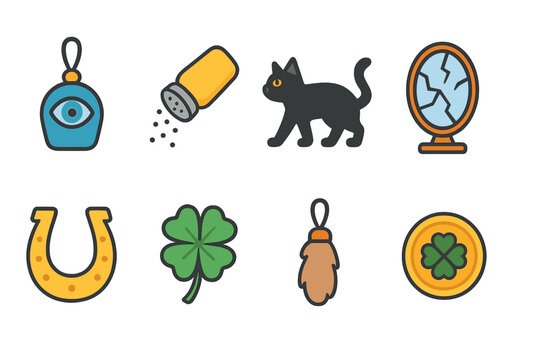 Superstitions Icons Grid. Flat vector mini-illustrations bad luck and superstitions in colors children's illustrations: magic